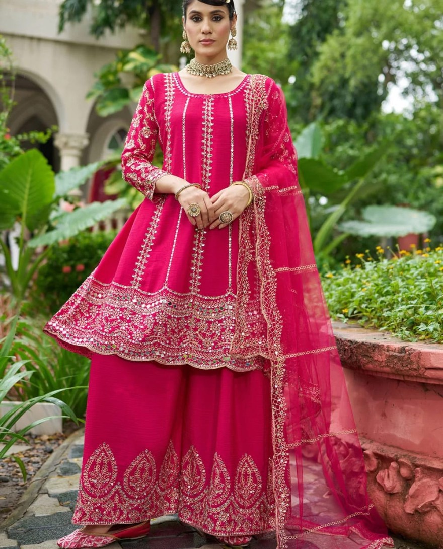 PINK - Rani Chinon Readymade Salwar Suit with Embroidered and Mirror Work